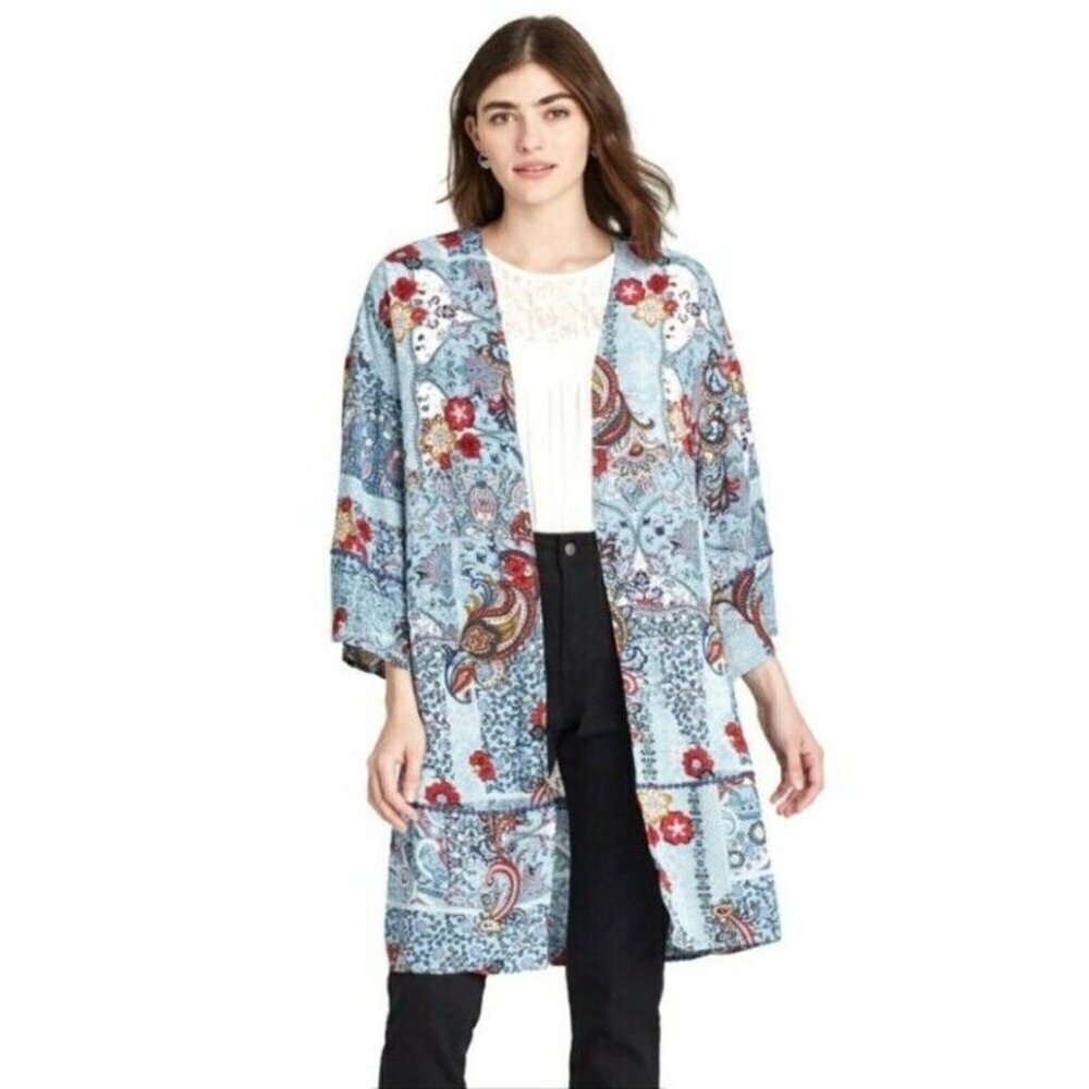 Womens Floral Print Long Sleeve Kimono Jacket Knox Rose Salt Marsh Blue Size S - Picture 1 of 6